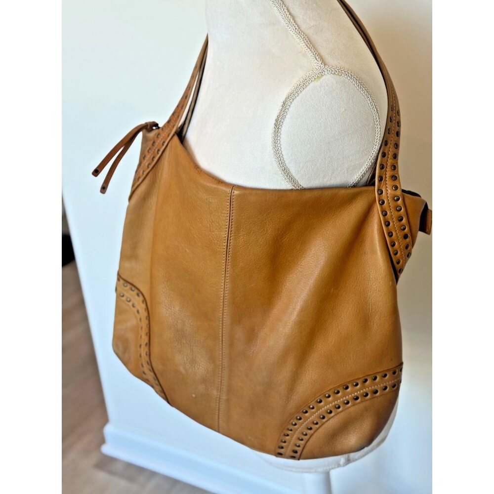 Fredd + Basha Gorgeous Brass Studded Tan Leather XL Shoulder Bag